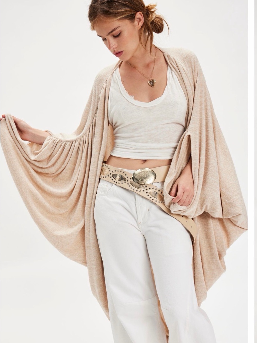 Free People Soft Tan Draped Open-Front Boho Cardigan